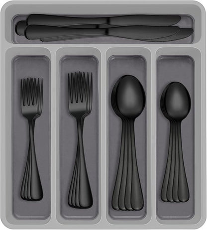 AIVIKI 60-Piece Stainless Steel Flatware Set - Elegant Black Silverware for 12 | Includes Knife, Fork, Spoon & Organizer