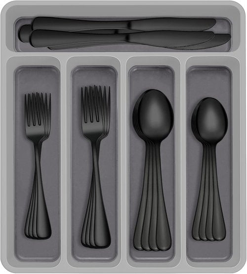 AIVIKI 60-Piece Stainless Steel Flatware Set - Elegant Black Silverware for 12 | Includes Knife, Fork, Spoon & Organizer