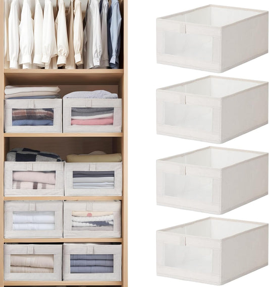 VZZNN Linen Closet Organizers - 4 Pack Foldable Storage Bins with Clear Window - Beige