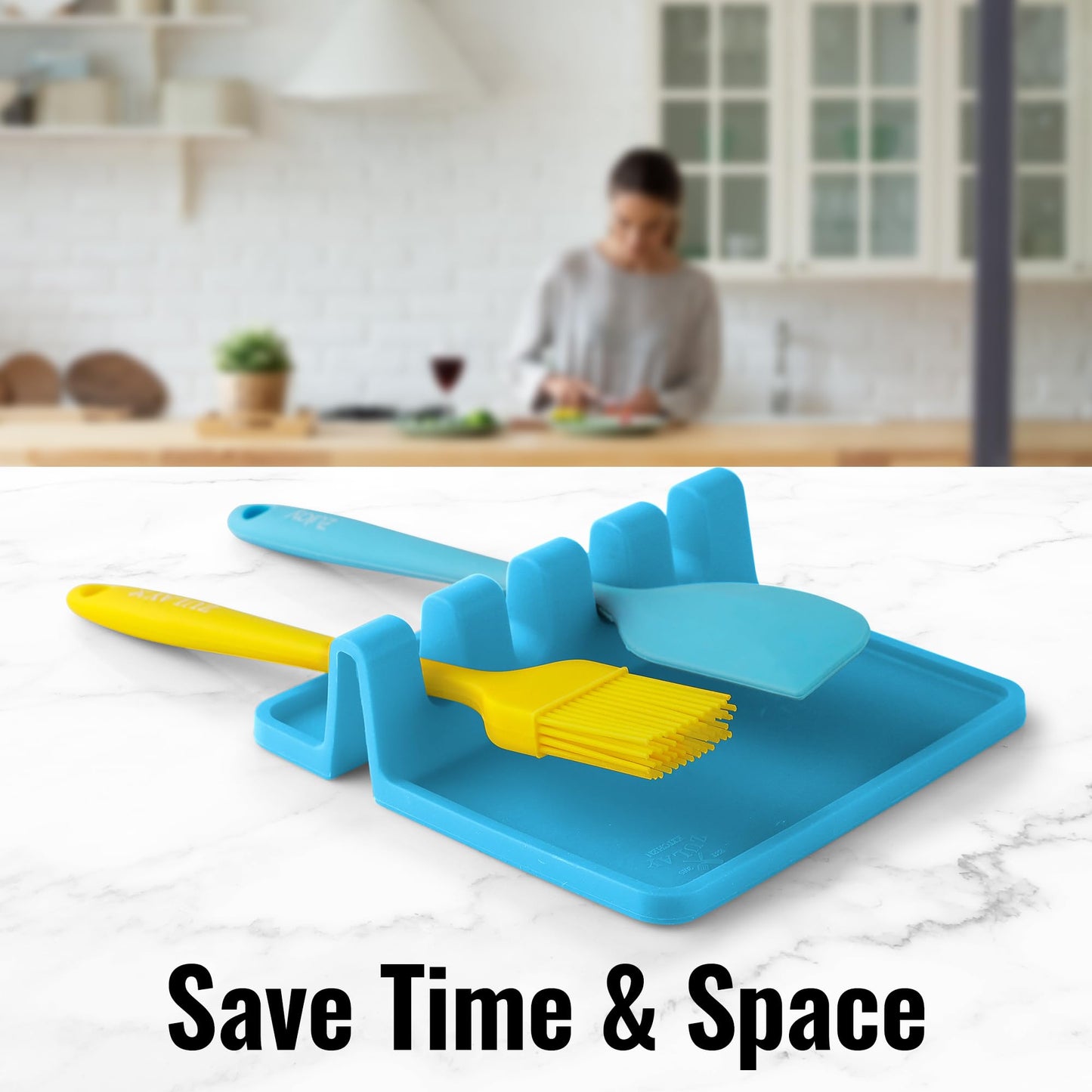 Zulay Kitchen Silicone Utensil Rest with Drip Pad for Multiple Utensils - BPA-Free, Heat-Resistant Spoon Rest & Spoon Holder for Stove Top - Kitchen Utensil Holder for Ladles & Tongs - Blue