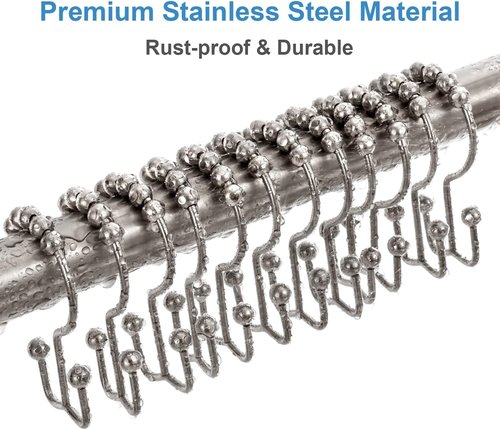 Shower Curtain Hooks Rings, Double Sided Shower Hooks Rust Proof for Bathroom Shower Rods Curtain, Durable Stainless Steel Bathroom Shower Curtain Hangers, Silver, Set of 12