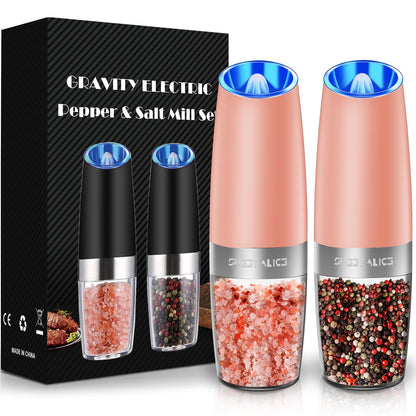 Gravity Electric Pepper and Salt Grinder Set, Adjustable Coarseness, Battery Powered with LED Light, One Hand Automatic Operation, Coral, 2 Pack