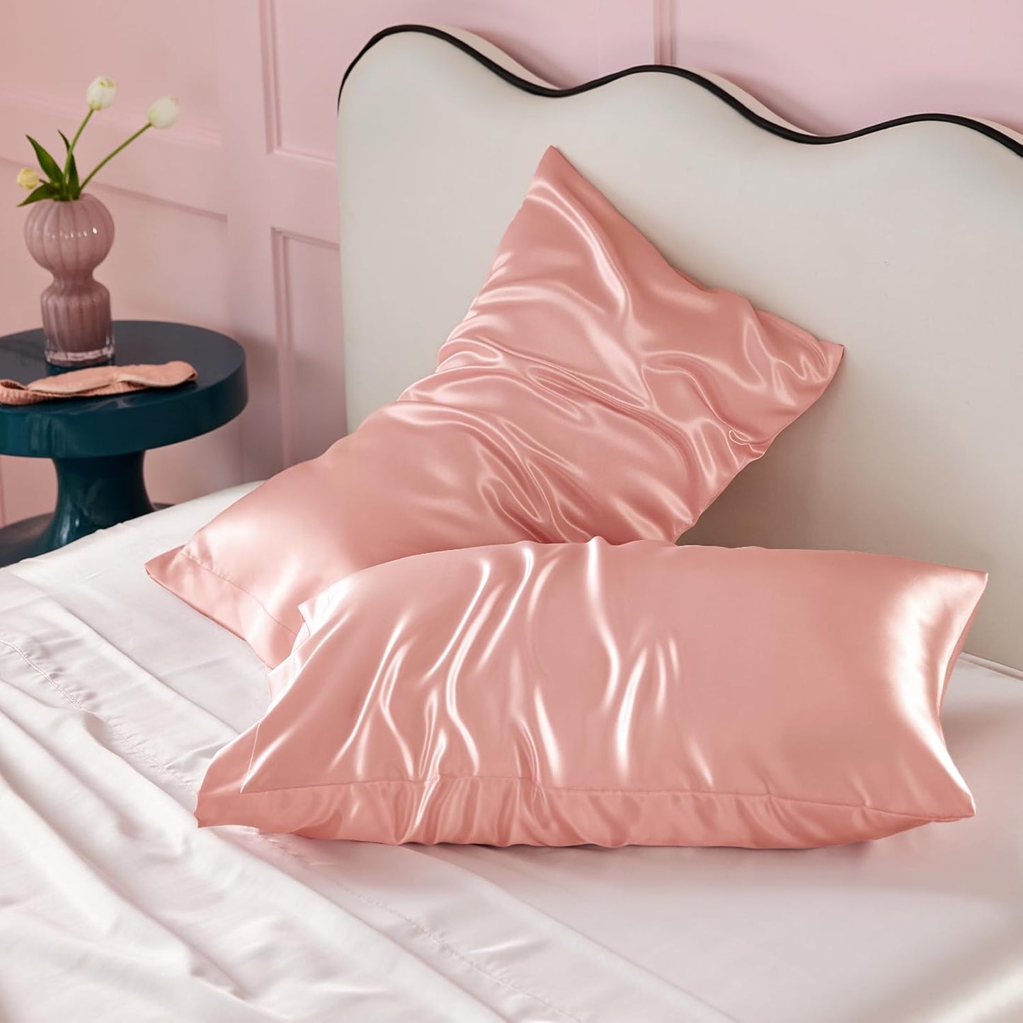 Bedsure King Size Satin Pillowcase Set of 2 - Peach Pink Silky Cases for Hair & Skin, 20x36 Inches