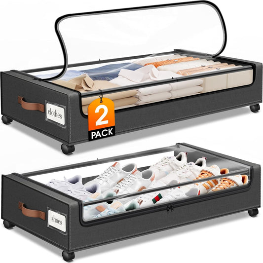 SpaceHacks Under Bed Storage Containers - 2-Pack Rolling Drawers with Clear Window & Label | Dark Grey (30.71 x 16.93 x 6.69 in)