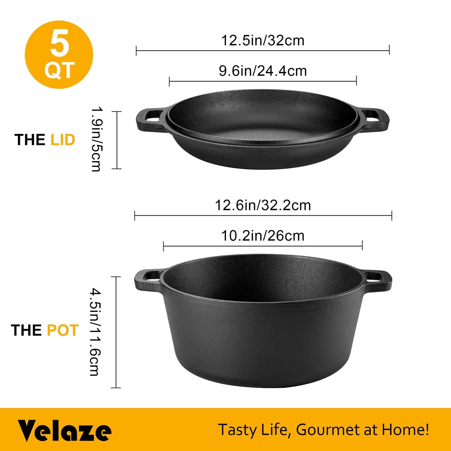 Velaze Cast Iron Dutch Oven Pot with Skillet Lid, 2-in-1 Pre-Seasoned Dual Handle Cast Iron Pan for Bread Baking, Frying, and Camping - Black 5QT