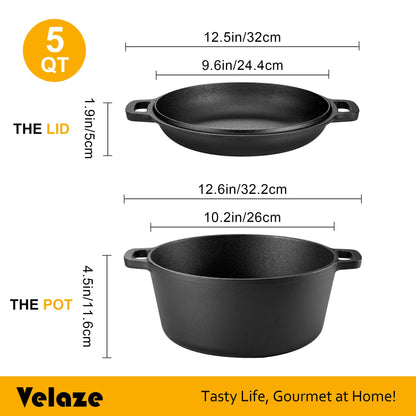 Velaze Cast Iron Dutch Oven Pot with Skillet Lid, 2-in-1 Pre-Seasoned Dual Handle Cast Iron Pan for Bread Baking, Frying, and Camping - Black 5QT