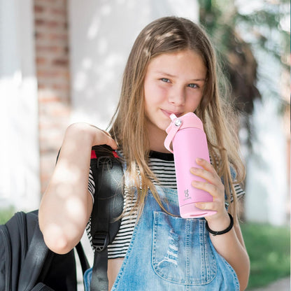 Skiennix 18oz Kids Insulated Water Bottle - Leak Proof with Straw Lid & Silicone Handle | Light Pink
