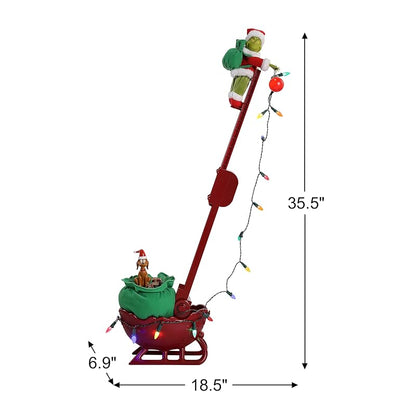 Grinch Animated Utility Sleigh with Ladder, LED Lights & Max the Dog – 34.5" Holiday Decoration