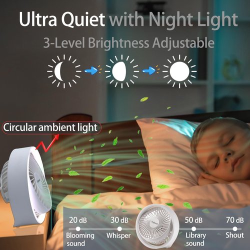 Digibond Small Desk Fan, Ultra Quite USB Fan Portable 3000mAh Rechargeable Battery Operate, High Power 3 Speed 5.3in With Ambient Light/Hook 180°Rotated Easy Clean (White)