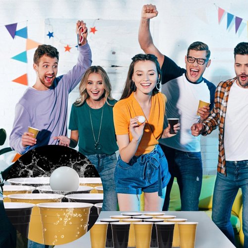 KesaPlan 100PCS 16 oz Black and Gold Disposable Plastic Cups - Perfect for Graduation, Weddings & Parties