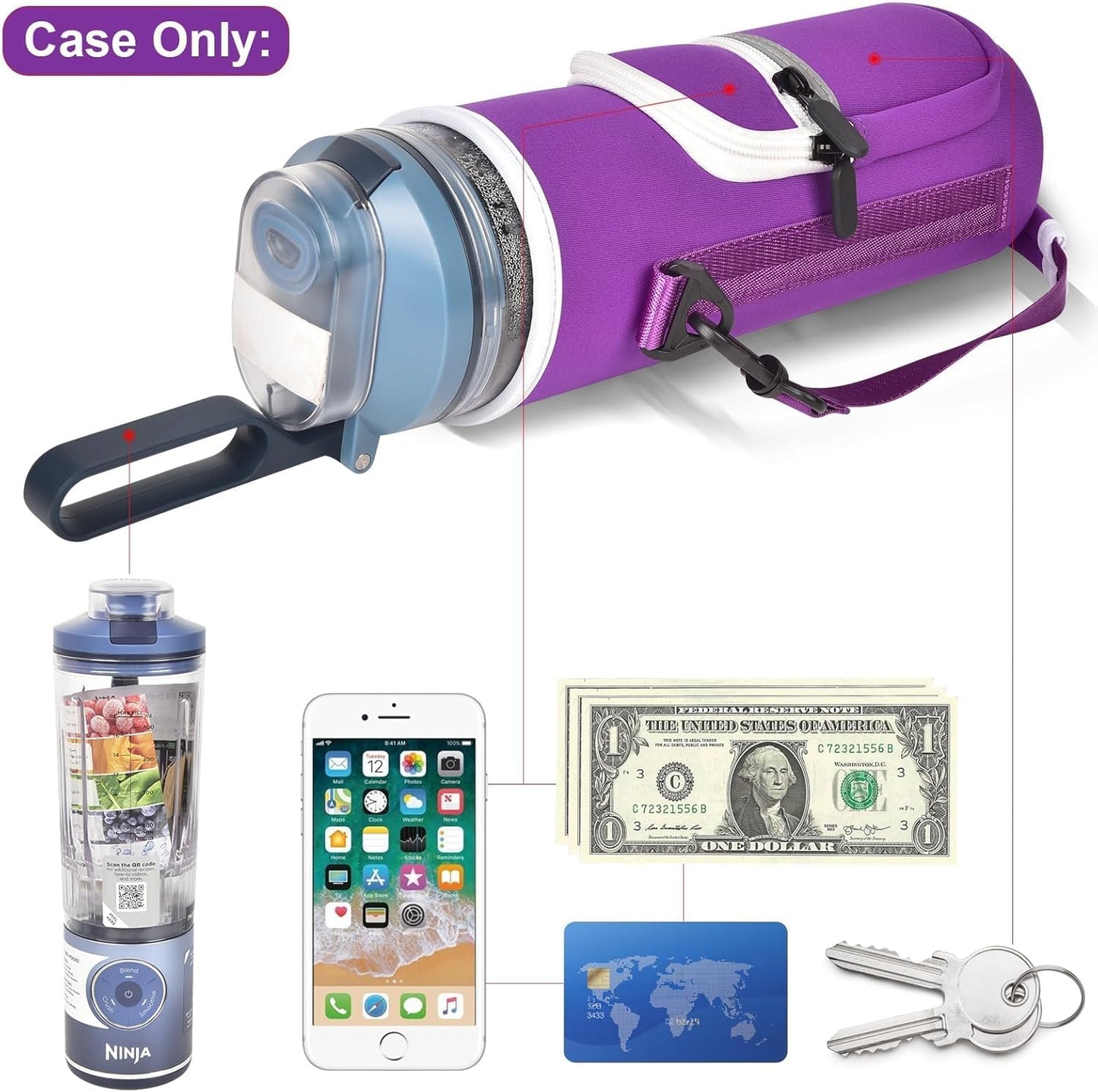SAIKA Personal Blender Bag - Portable Carrying Case for Ninja Blast Max BC251/BC151 | Reflective Strip, Shoulder Strap, Purple