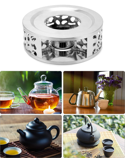 QWORK Tea Kettle Warmer, 2 Pack Brushed Stainless Steel Tea Kettle, Hollow Frame, with Tea Candle Holder, Fits Most Teapots, Silver