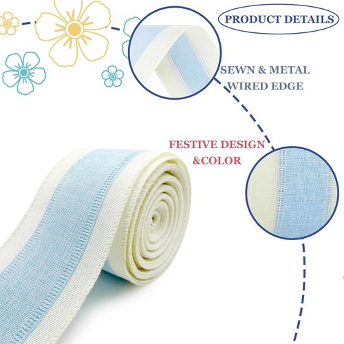 Blue and White Ribbon - Wired Ivory Stripe Edge for Baby Shower Decor | 10 Yards x 2.5 Inch