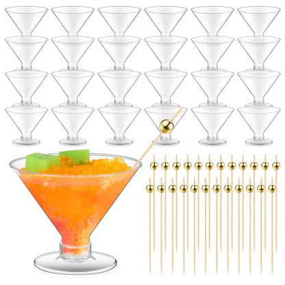 Baderke 24 Pack Plastic Martini Glasses with Gold Pearl Cocktail Picks Disposable Clear Mini Cocktail Cups Dessert Glasses for Wedding Party Wine Appetizers (5 oz)
