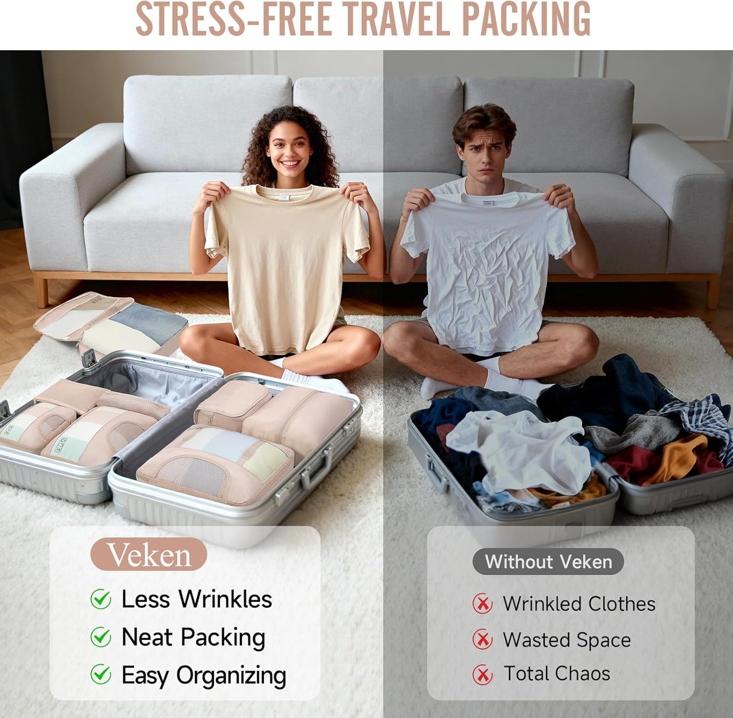 Veken Packing Cubes Set - Travel Essentials for Beach Vacations | Suitcase Organizer with Hanging Toiletry Bag