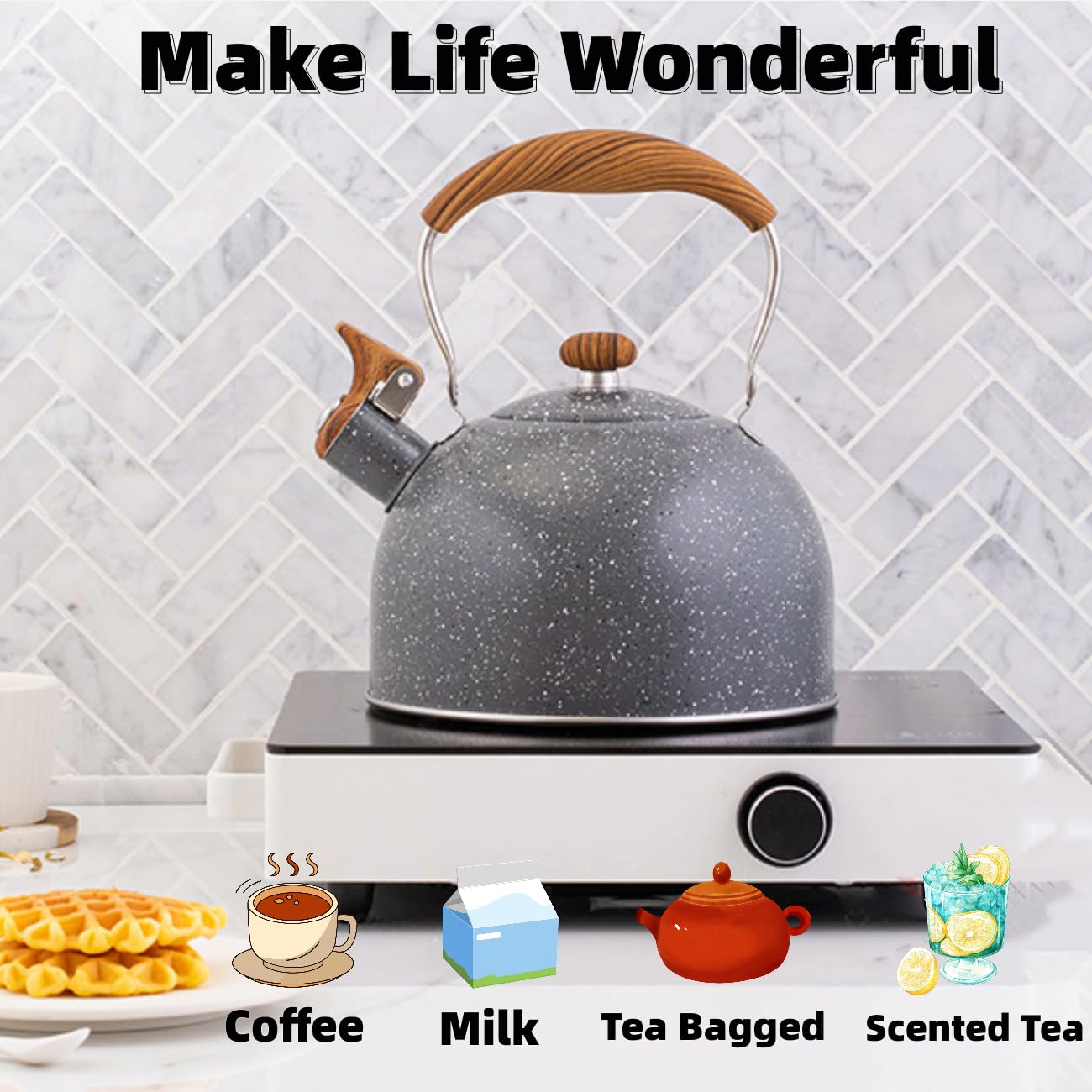 Tea Kettle, 2.6 Quart/2.5 Liter Whistling Tea Kettle, Tea Pots for Stove Top Food Grade Stainless Steel with Wood Pattern Folding Handle - Creamy White