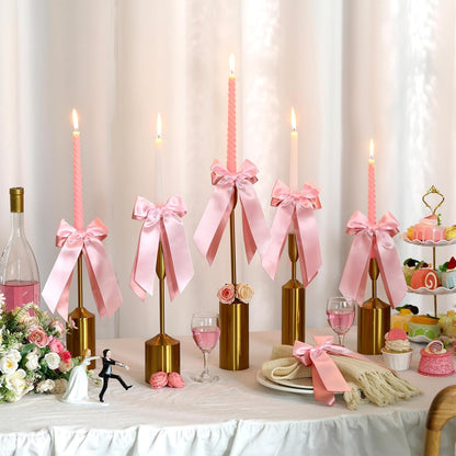 Skiennix 12 Pcs Pink Candlestick Bows - Double-Layer Satin Ribbon, Pre-Tied 7.9'' Bowknot for Weddings & Parties