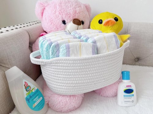 GiftExpress White Woven Easter Basket - 13" x 8" x 5" Cotton Rope Organizing Baskets with Handle for Baby Items or Cat & Dog Toys - Cute Soft Gift Basket Bin w/ Handles for Wicker Storage