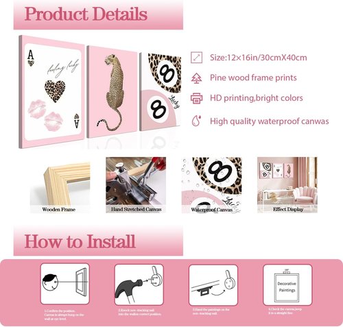 Funky Lucky You | Trendy Leopard Canvas Wall Art Set of 3 - Pink Cheetah Prints for Girls' Bedroom 12x16