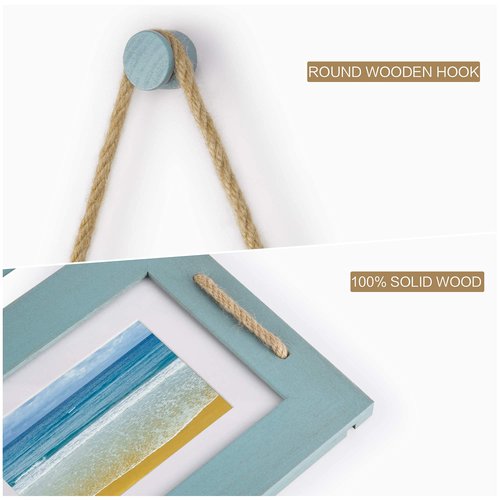 DLQuarts 5x7 Hanging Collage Picture Frames Wall Decor, 4-Opening 5x7 Matted to 3.5x5 Photo Rustic Wood Frame with Hemp Rope, 2 Pack, Ocean Blue