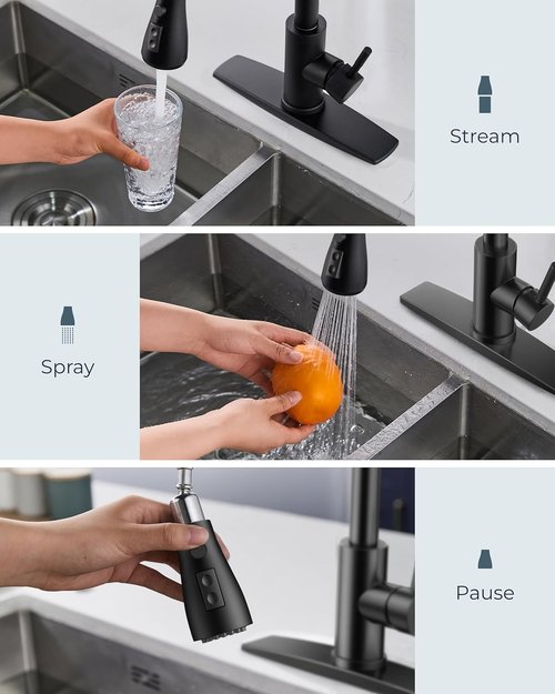FORIOUS Black Kitchen Faucet - Pull Down Sprayer with Soap Dispenser | Classic High Arc Design for Farmhouse & RV