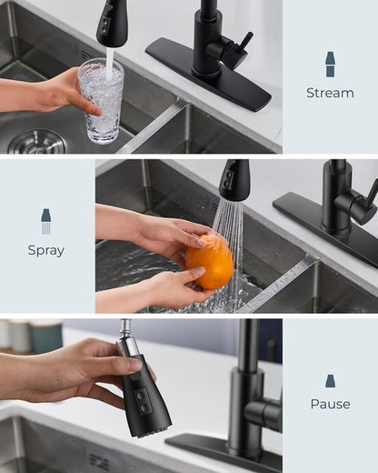 FORIOUS Black Kitchen Faucet - Pull Down Sprayer with Soap Dispenser | Classic High Arc Design for Farmhouse & RV