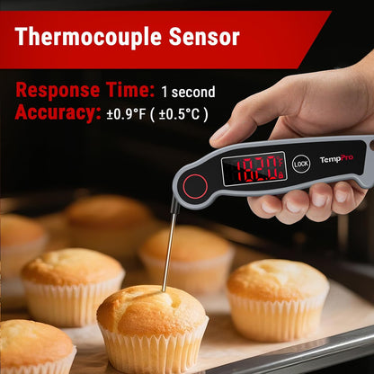 TempPro TP19 Waterproof Digital Meat Thermometer - Instant Read with Backlit Display for Grilling & Cooking