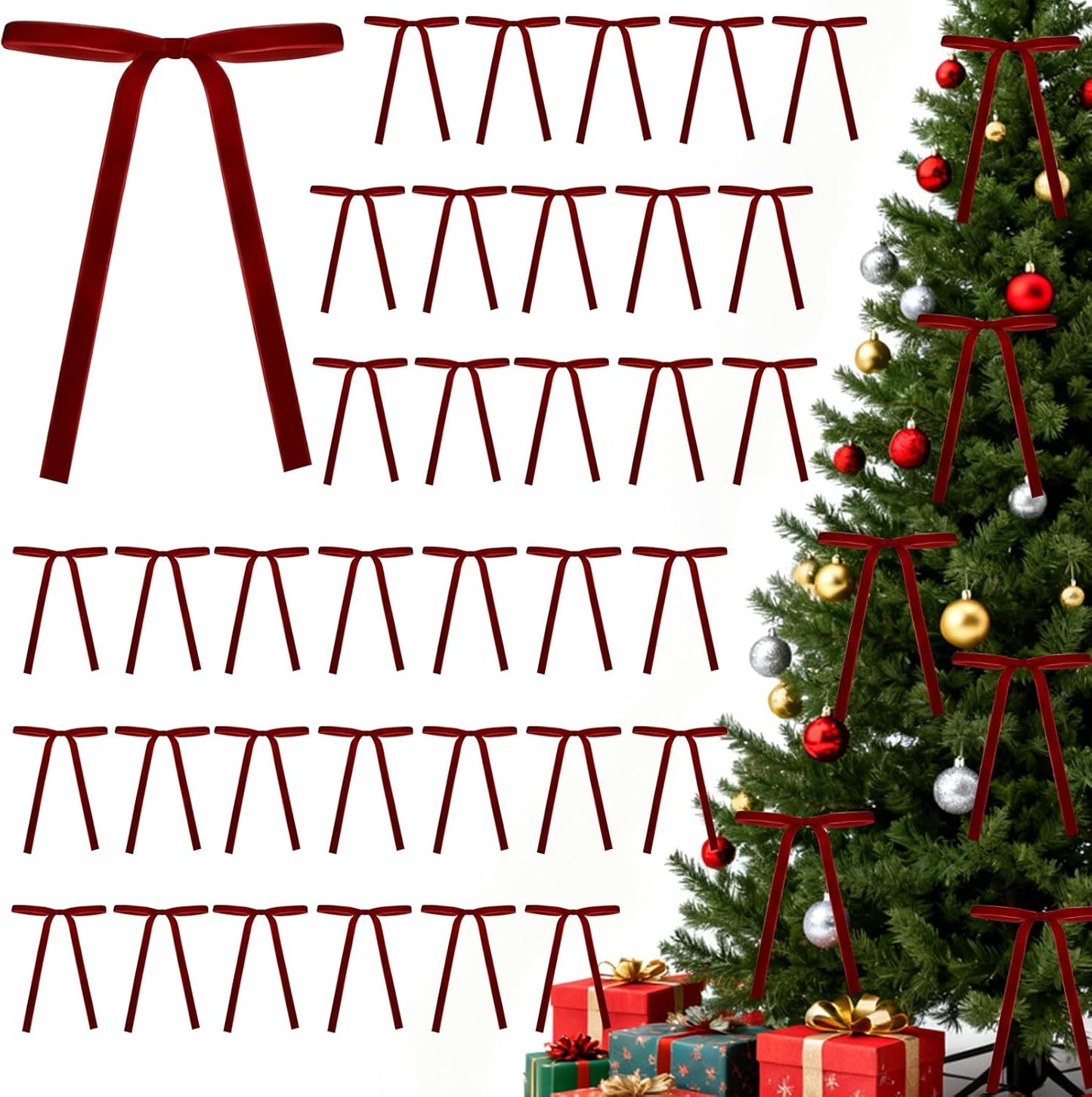 Skiennix 36 Pcs Velvet Christmas Tree Bows - 5x7 Inch Burgundy Velvet Decor for Wreaths & Garlands