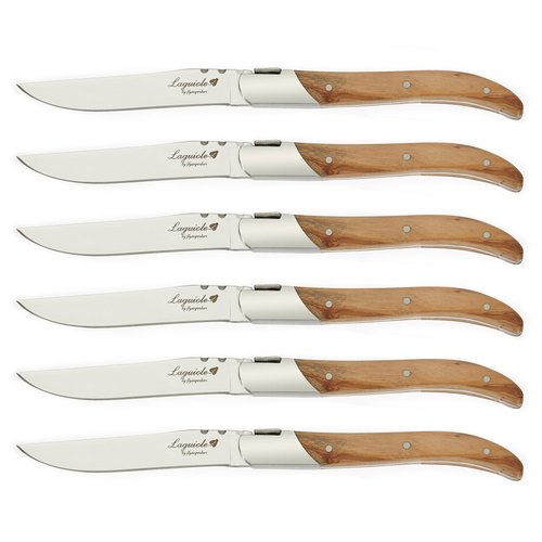 Flying Colors Laguiole Steak Knife Set. Stainless Steel, Olive Wood Handle, Gift Box, 6 Pieces