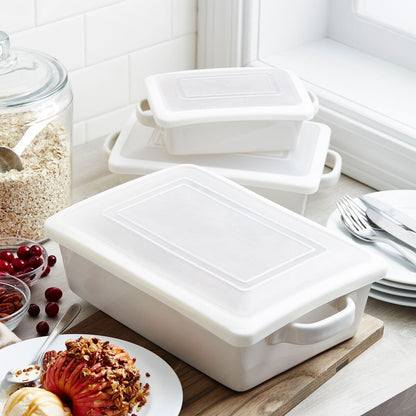 Sur La Table Stoneware Baker Set - 3-Piece Freezer-to-Oven Bakeware with Lids | Durable Handmade Design, White