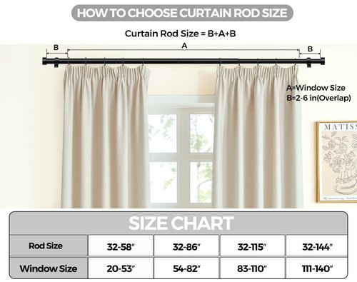 KAMANINA Black Curtain Rod 32 to 144 Inch (2.6-12 Feet), 1 Inch Heavy Duty Curtain Rods for Windows, Modern Adjustable Drapery Rods with End Cap (32"-144")
