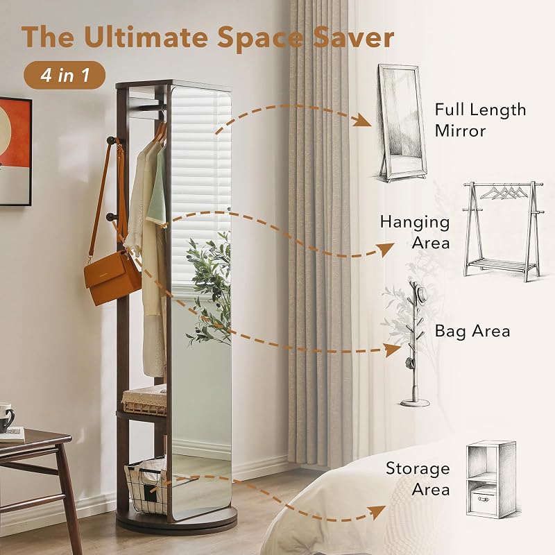 Full Length Mirror Coat Rack - 360° Rotating Standing Mirror with Storage (Variation: With Top)