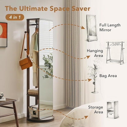Full Length Mirror Coat Rack - 360° Rotating Standing Mirror with Storage (Variation: With Top)
