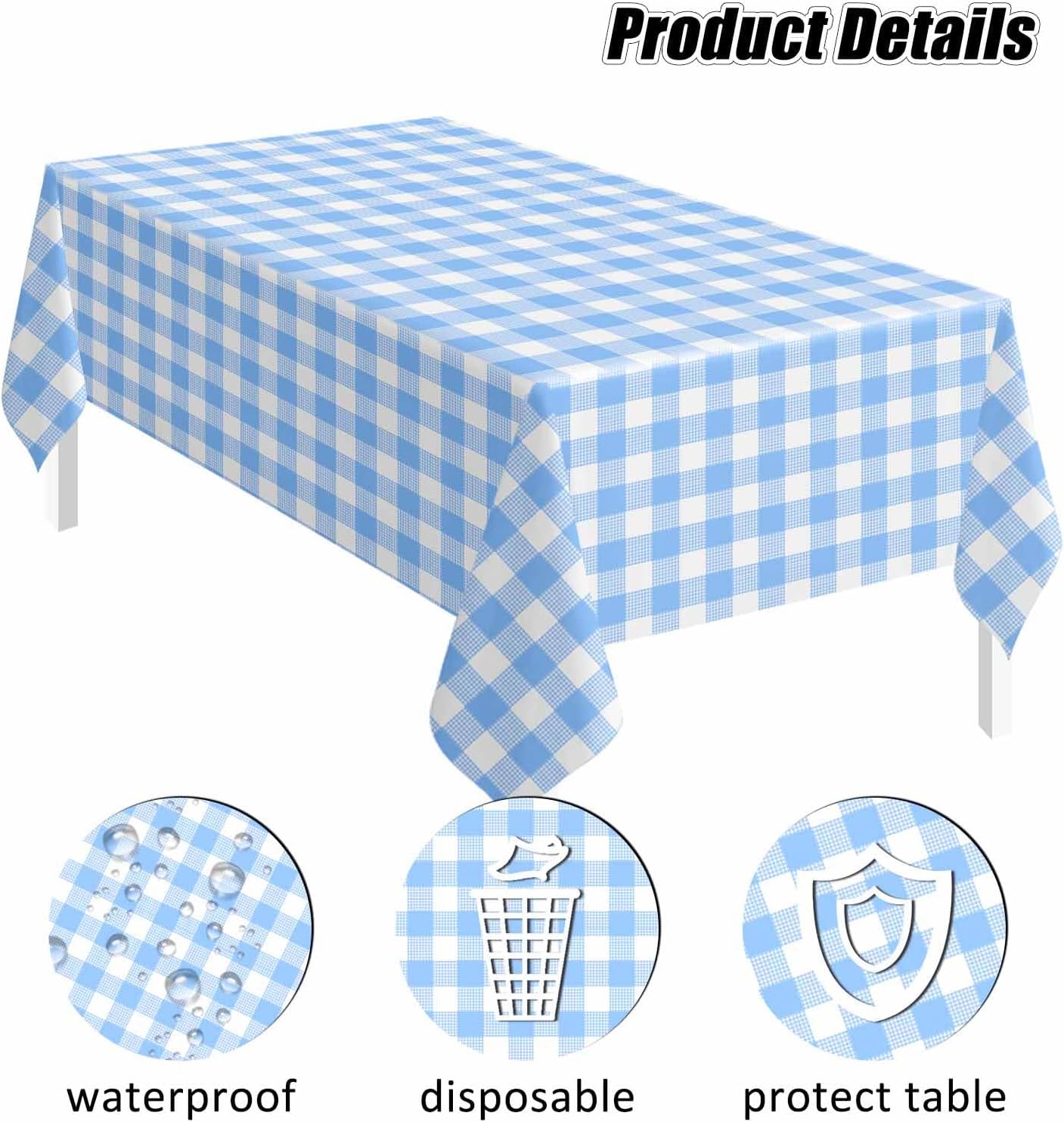 SietDESEO Light Blue Gingham Tablecloth - Disposable 54 x 108 Inch Checkered Design for Parties & Events