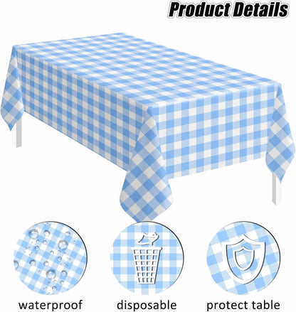 SietDESEO Light Blue Gingham Tablecloth - Disposable 54 x 108 Inch Checkered Design for Parties & Events
