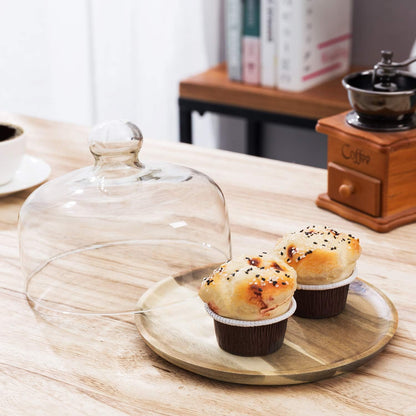 MyGift Cloche Dome Glass Dessert Serving Tray - 7.5 Inch Cake Stand with Acacia Wood Base for Parties