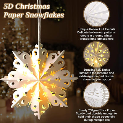 12pcs Christmas Snowflake Paper Lanterns with LED Lights - White