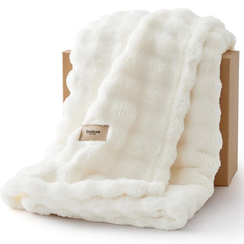 Bedsure 3D Fleece Bubble Blanket for Couch - GentleSoft White Spring Throw Mother's Day Blanket for Sofa Bed Room Decor - Luxury Soft Cozy Blanket Gifts for Kids, Lightweight, Off White, 50"×60"