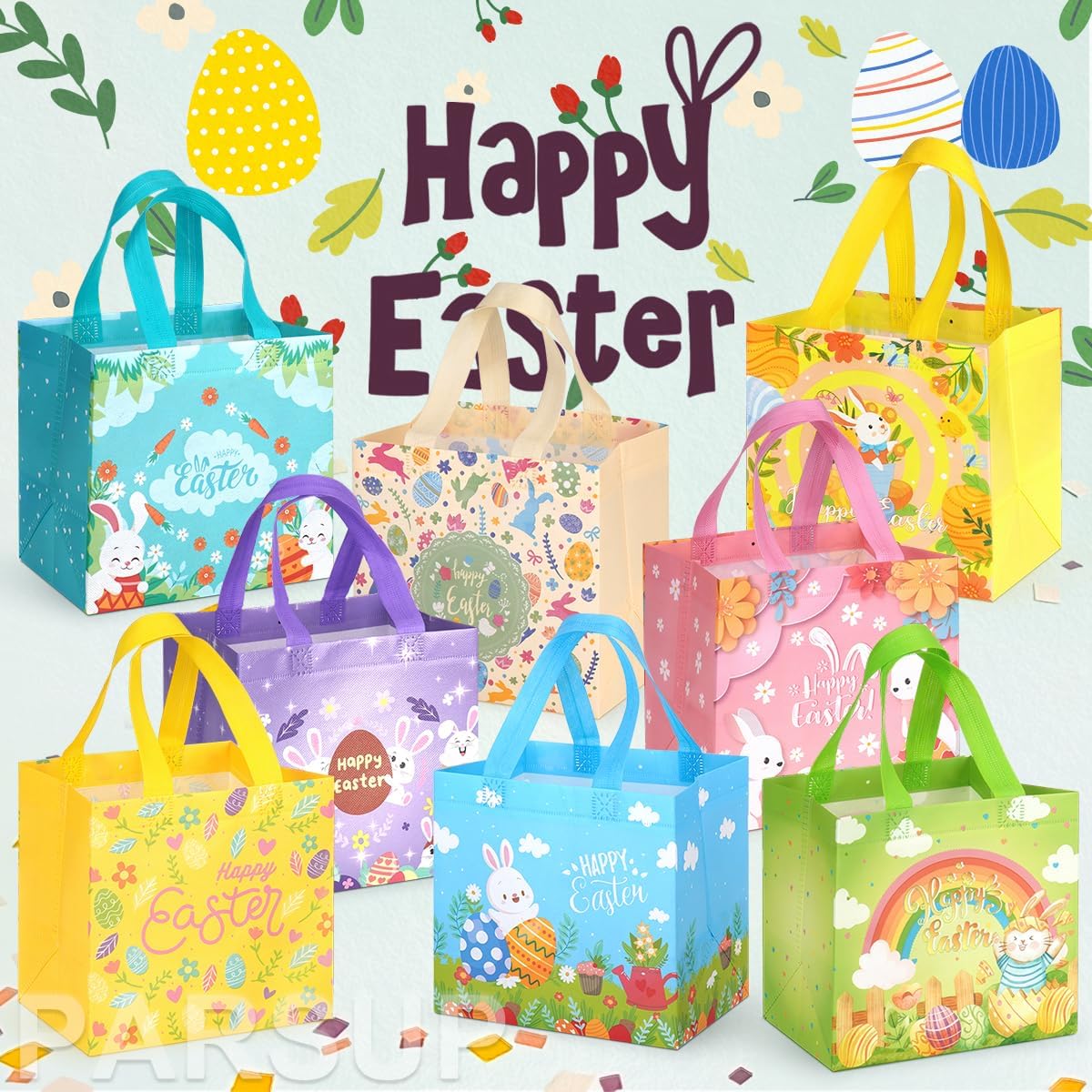 PARSUP 8 PACK Happy Easter Bunny Carrot Chick Egg Hunt Gift Treat Multifunctional Non-Woven Bags with Handles,Easter Party Supplies for Gifts Wrapping, 7.9×7.9×5.9inch