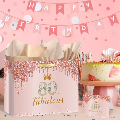 Yoirrat Rose Gold 80th Birthday Gift Bag - Large Pink Design with Wrapping Paper & Card for Women