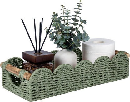 CubesLand Bathroom Basket Organizer - Scalloped Wicker Storage Tray with Cut-Out Handle | Green
