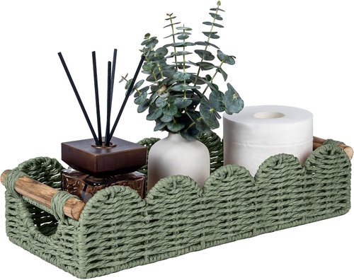 CubesLand Bathroom Basket Organizer - Scalloped Wicker Storage Tray with Cut-Out Handle | Green