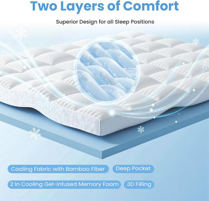 Sweetcrispy Memory Foam Mattress Topper - 2 Inch Gel & 1 Inch Pillowtop | Cooling Pressure Relief