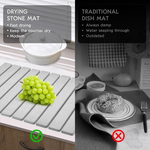 Large Stone Dish Drying Mats for Kitchen Counter, 24"(L)×16"(W) Collapsible Quick Dry Dish Drying Mat, Eco-Friendly Absorbent Diatomaceous Earth Mat for Dishes Bottles Cups, Match Any Countertop