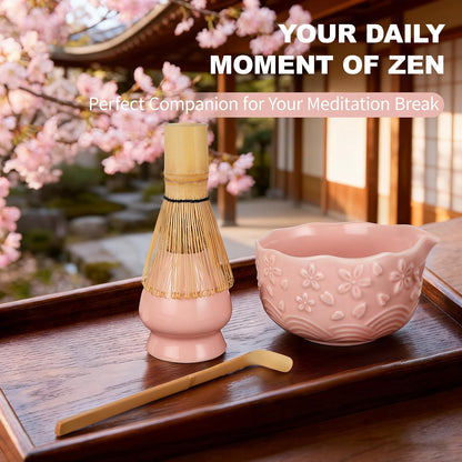 SIMPLETaste Matcha Whisk Set - 7-Piece Ceramic Kit with Bowl, Whisk, Bamboo Scoop & More | Pink