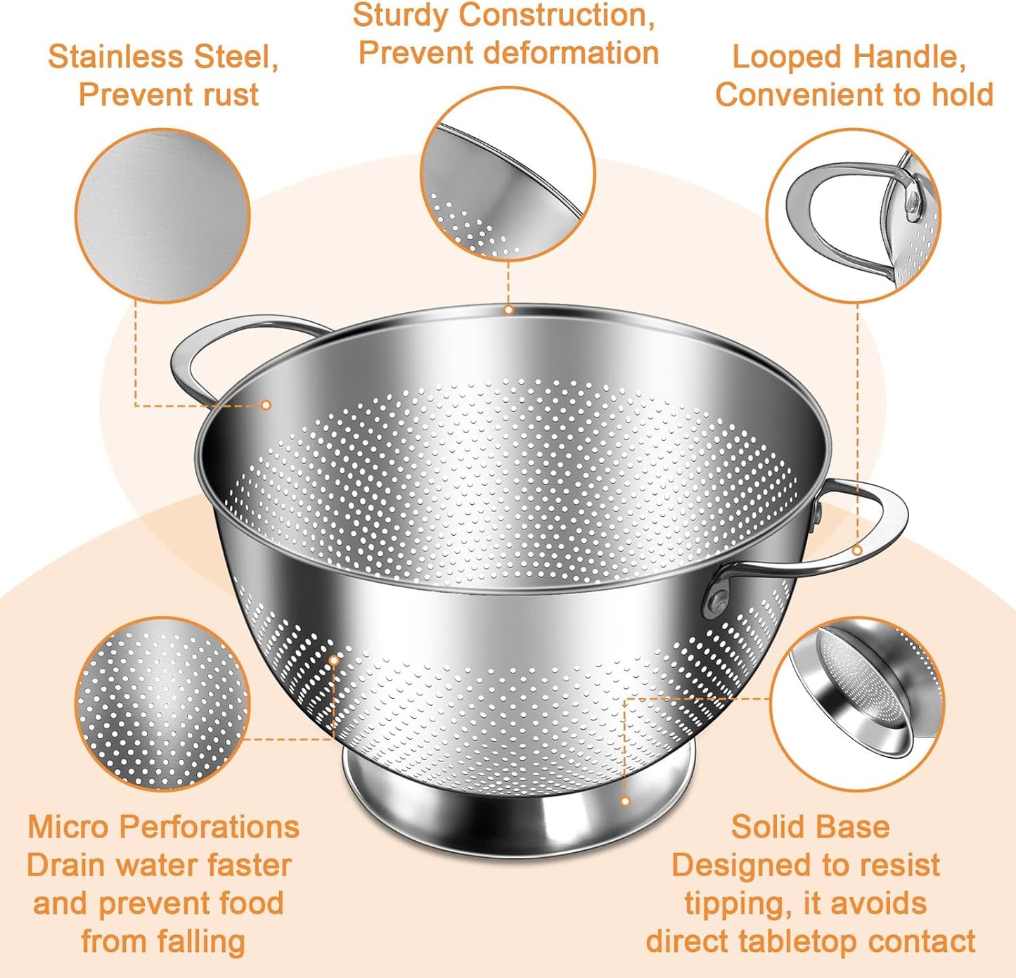 Stainless Steel Colander Set by [Brand Name] - Durable Rice & Pasta Strainers | Nesting Design, Rust-Resistant, Dishwasher Safe | 1.5, 3, & 5 Quart
