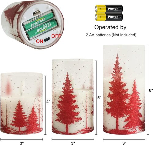 DRomance Flameless Christmas Tree Candles - Remote Timer, Real Wax, 3D Wick | Red, Set of 3 (3, 4, 5, 6 Inch)