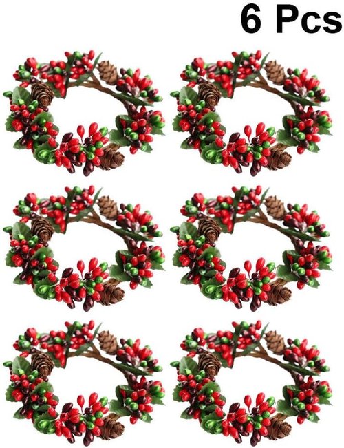 Amosfun Christmas Candle Rings - 6Pcs Artificial Berry Wreaths for Holiday Table Decor
