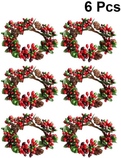 Amosfun Christmas Candle Rings - 6Pcs Artificial Berry Wreaths for Holiday Table Decor