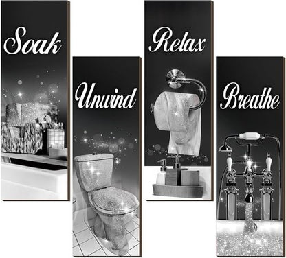 Honoson Bathroom Decor Wall Art - 4 Pcs Farmhouse Signs for Soaking, Unwinding, and Relaxing | Black & Silver